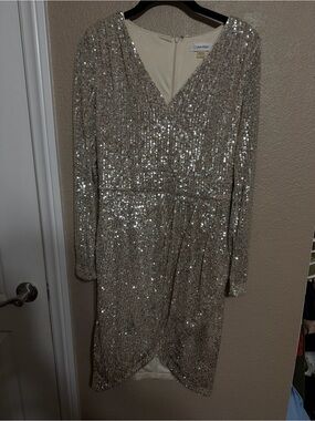Calvin Klein Champagne Sequin V-Neck Long Sleeve Dress